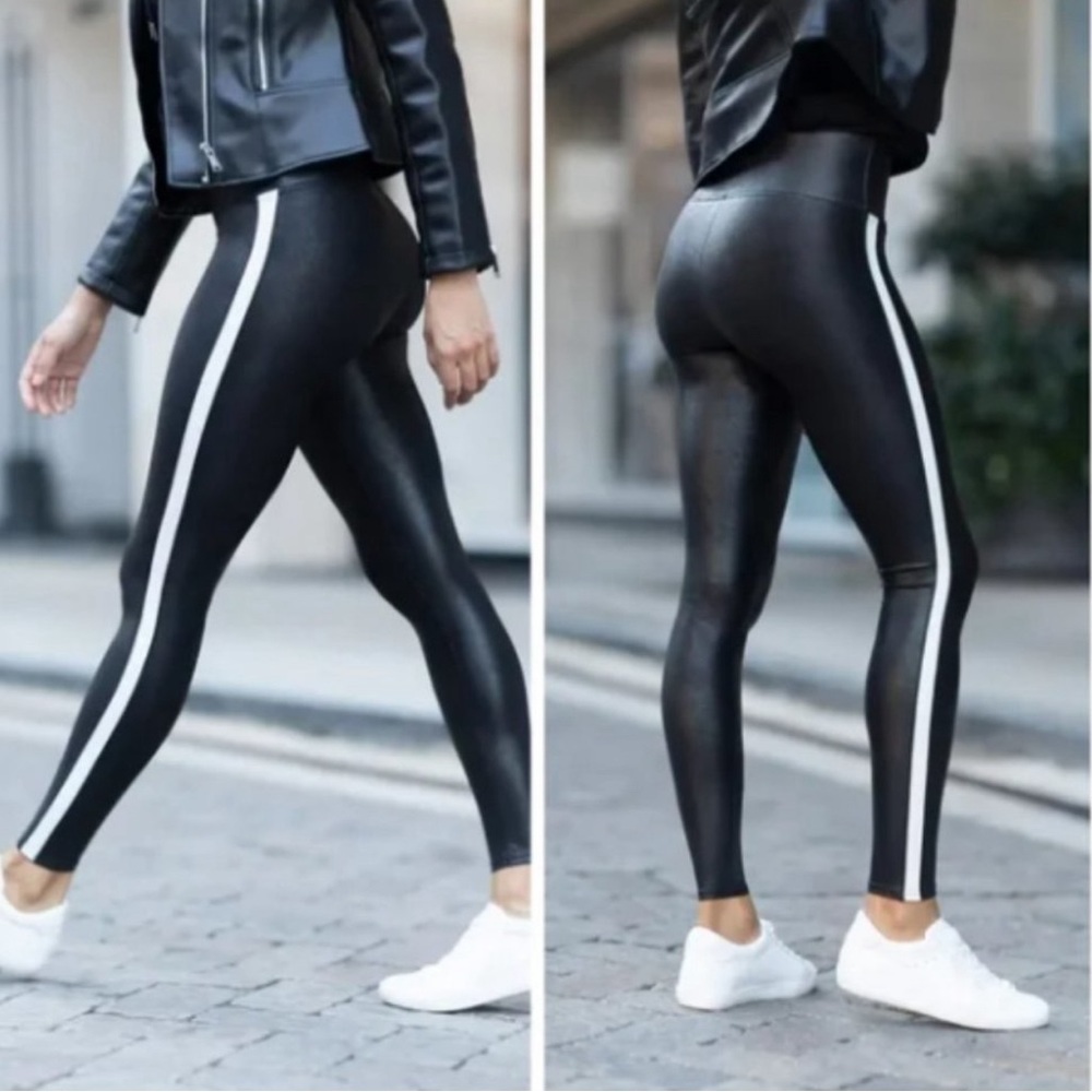 Like New Spanx Faux Leather Black & White Side Stripe Leggings